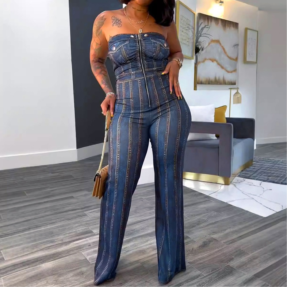 Package hip printing wrapped chest imitation denim jumpsuit