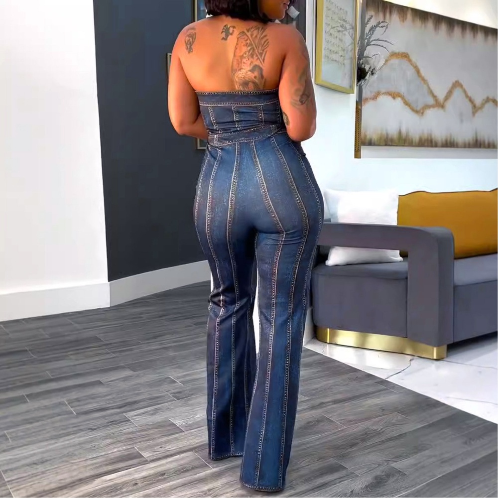 Package hip printing wrapped chest imitation denim jumpsuit