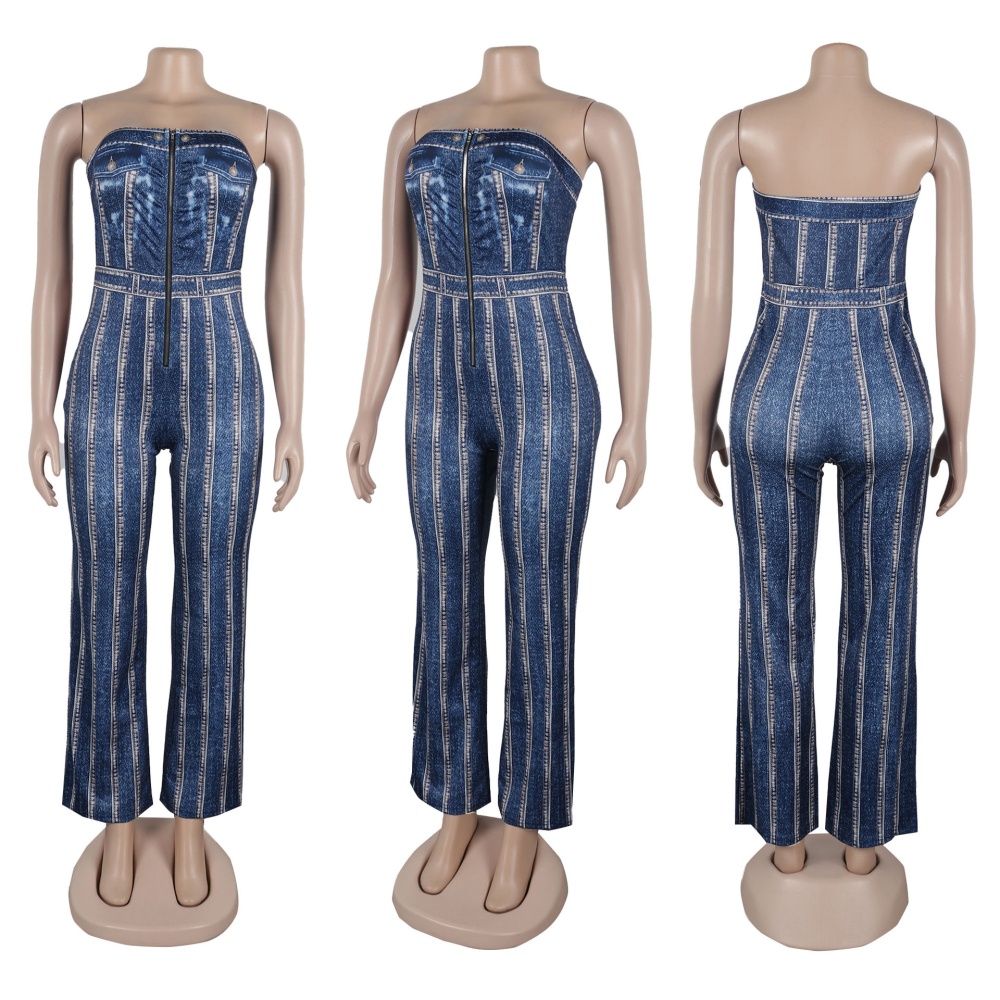 Package hip printing wrapped chest imitation denim jumpsuit