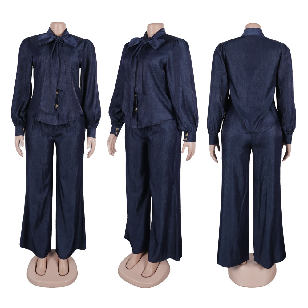 Imitation denim wide leg pants shirt 2pcs set