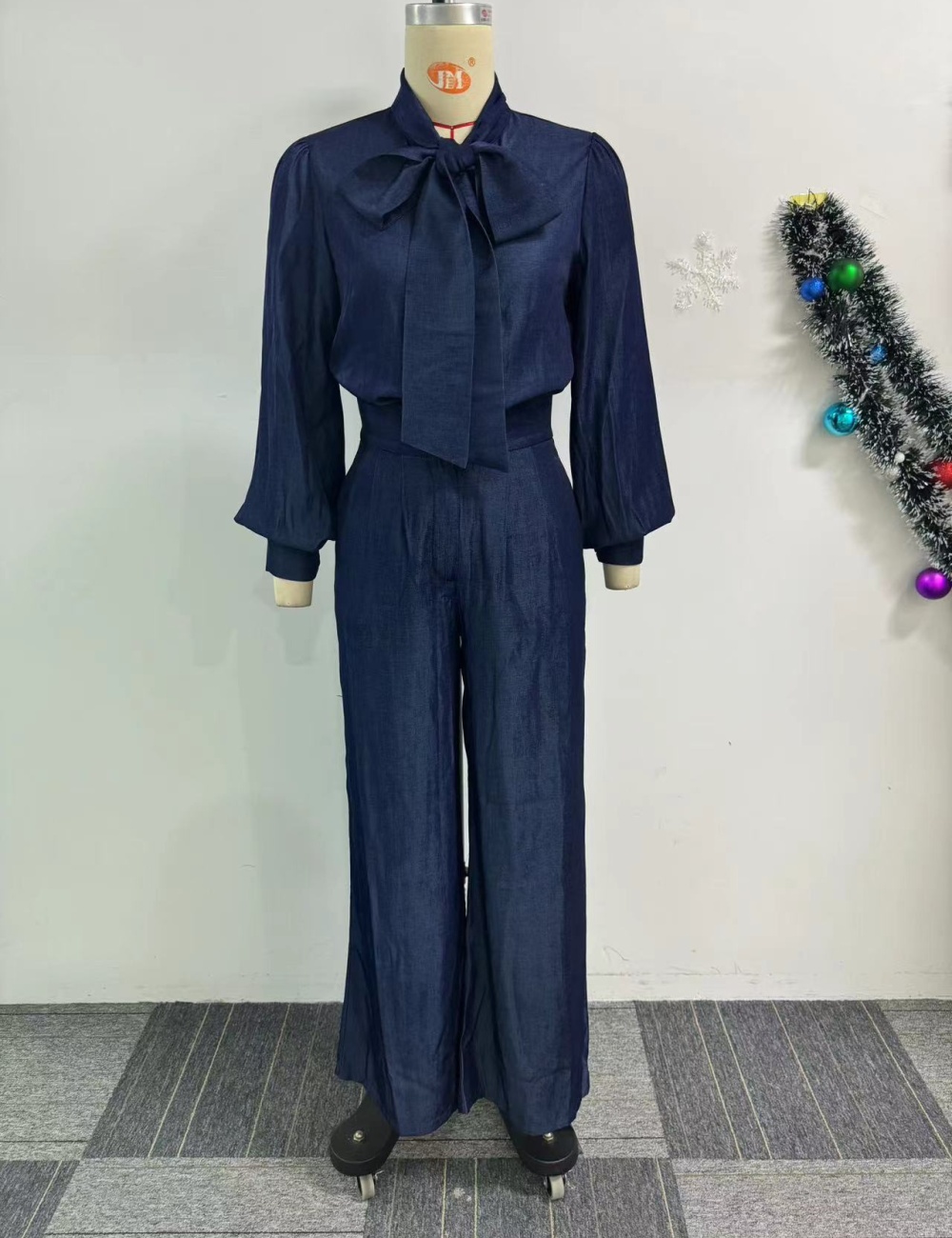 Imitation denim wide leg pants shirt 2pcs set