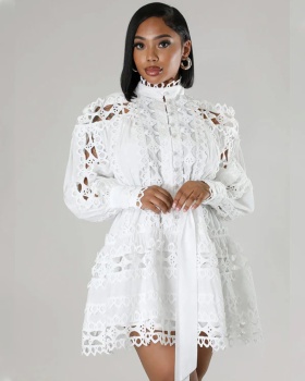 Splice European style lace dress long hollow tops