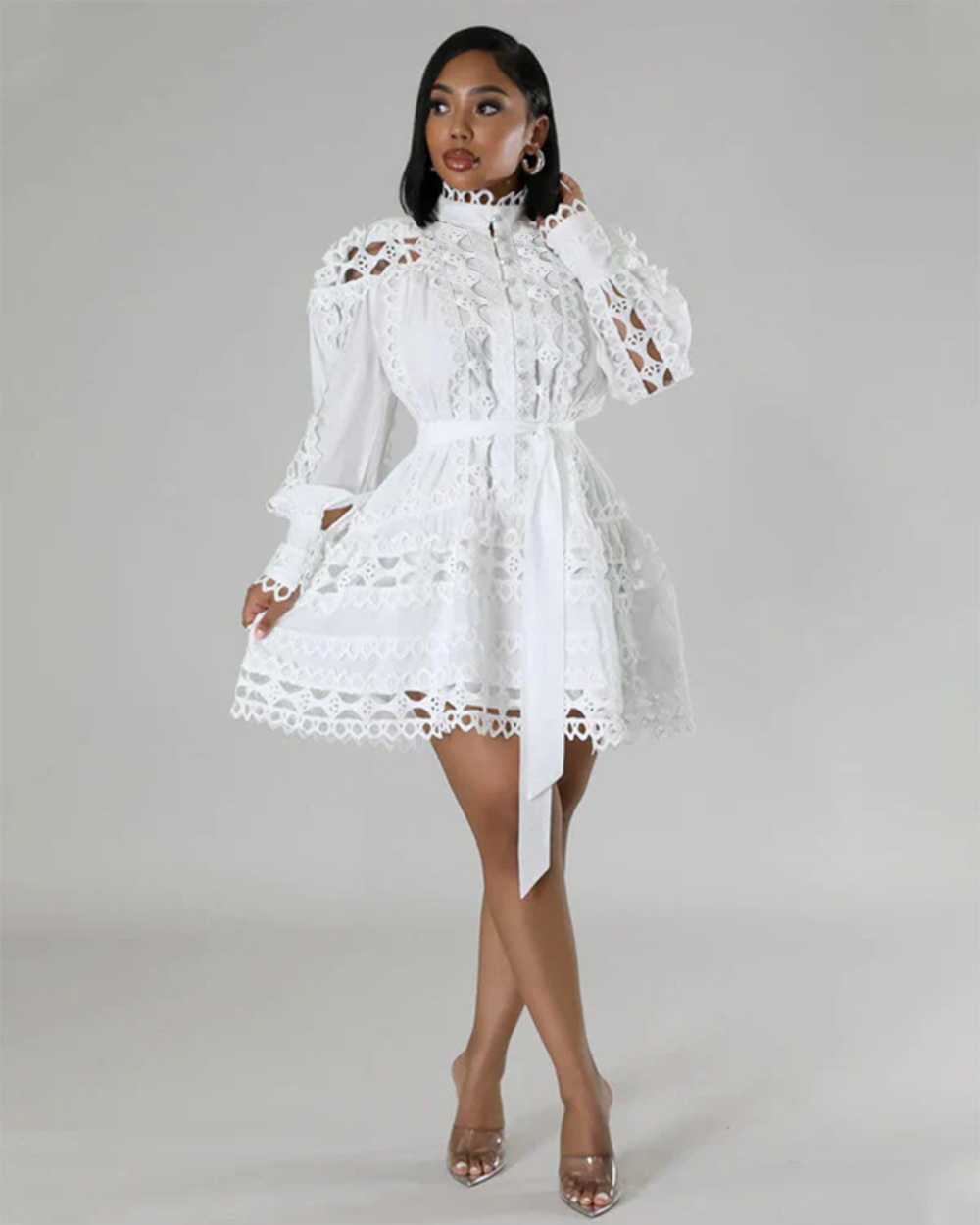 Splice European style lace dress long hollow tops