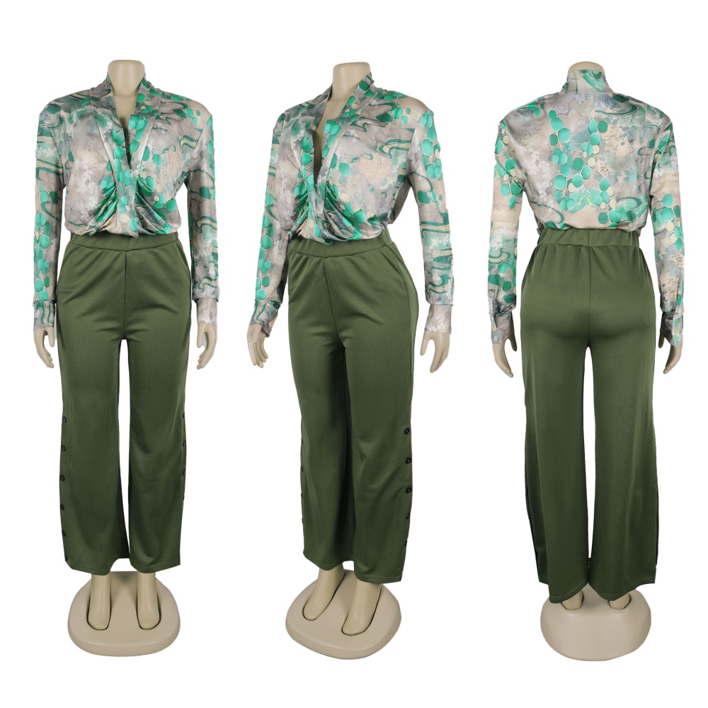 European style printing shirt V-neck wide leg pants 2pcs set