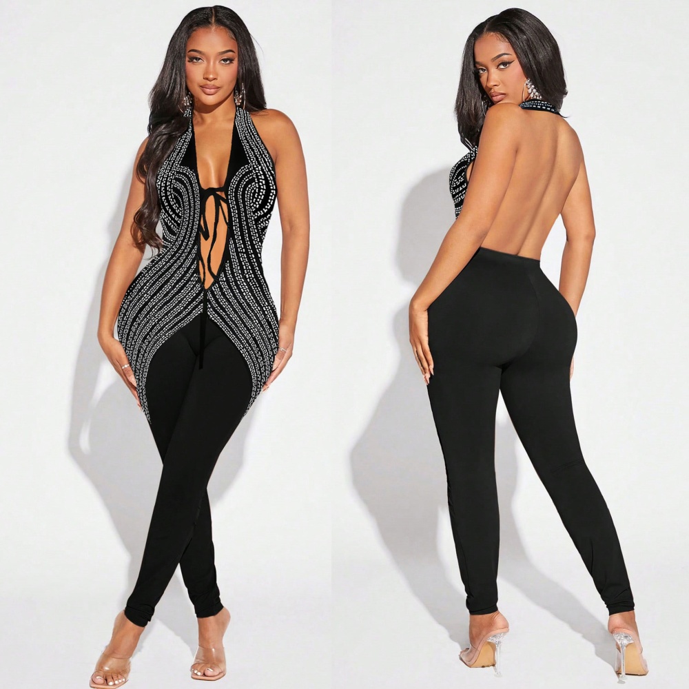 V-neck European style halter elasticity tight jumpsuit