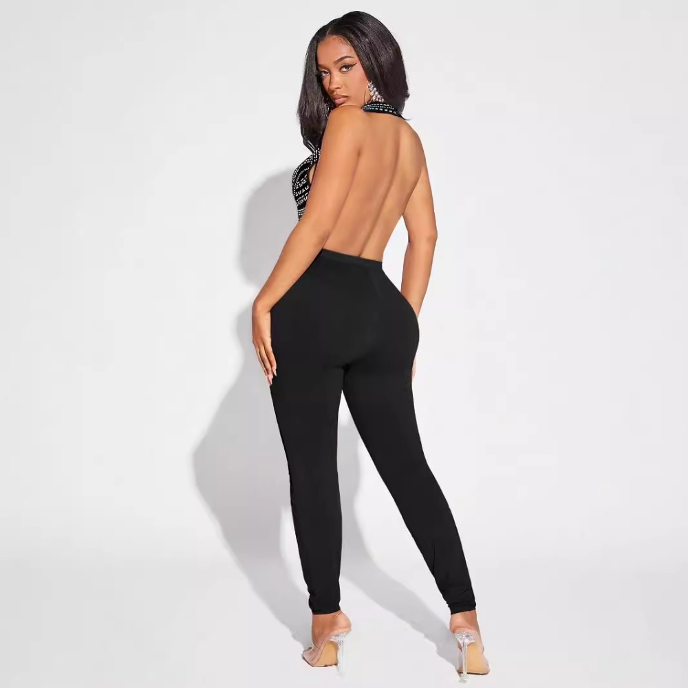 V-neck European style halter elasticity tight jumpsuit