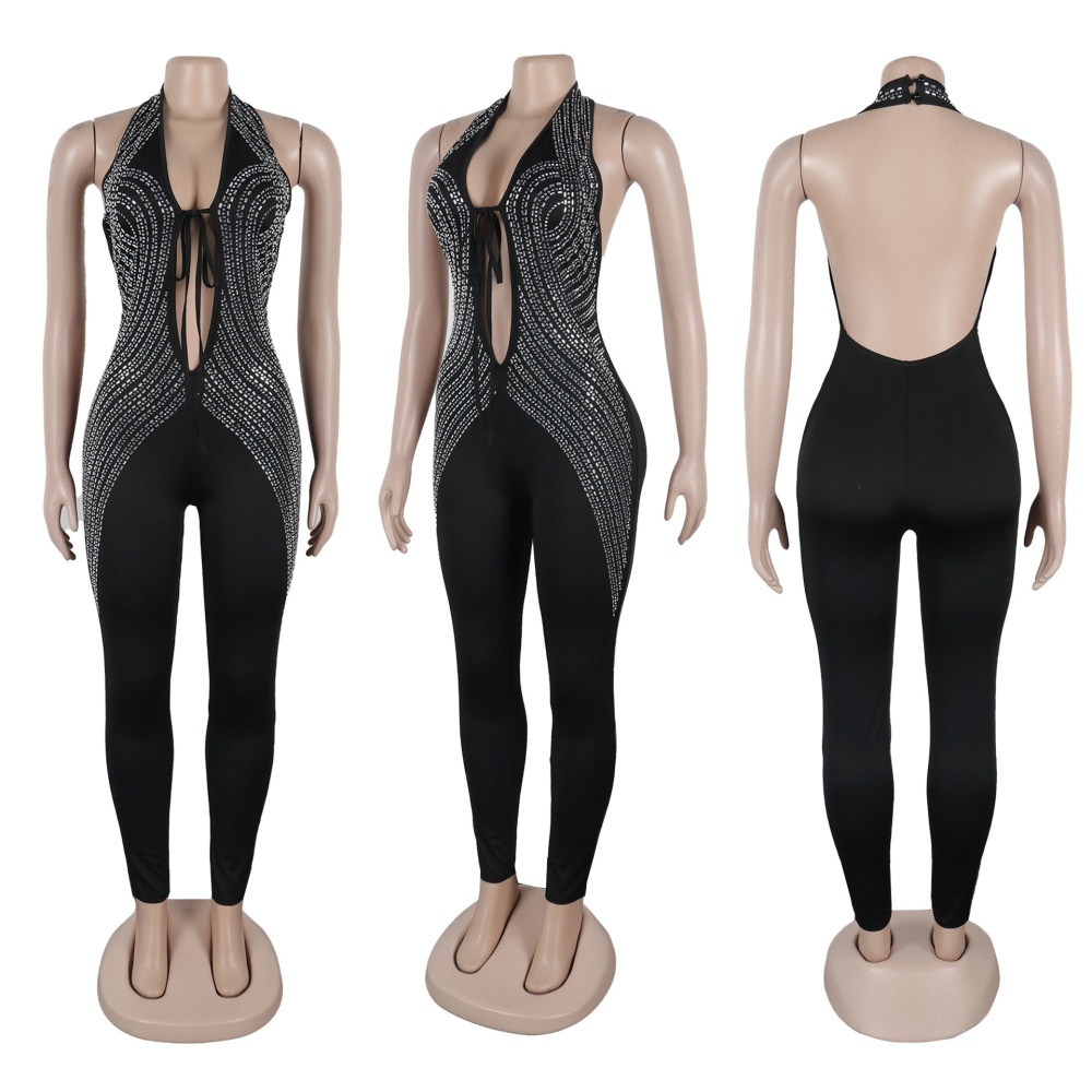 V-neck European style halter elasticity tight jumpsuit