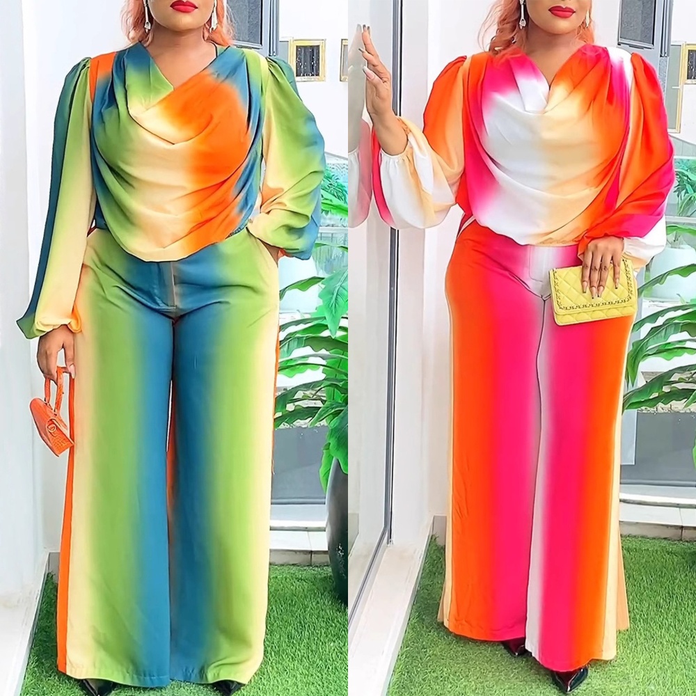 Printing tops lantern sleeve wide leg pants 2pcs set