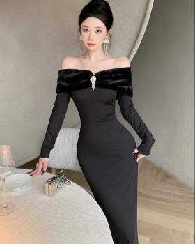 Slim flat shoulder dress hairy pinched waist formal dress