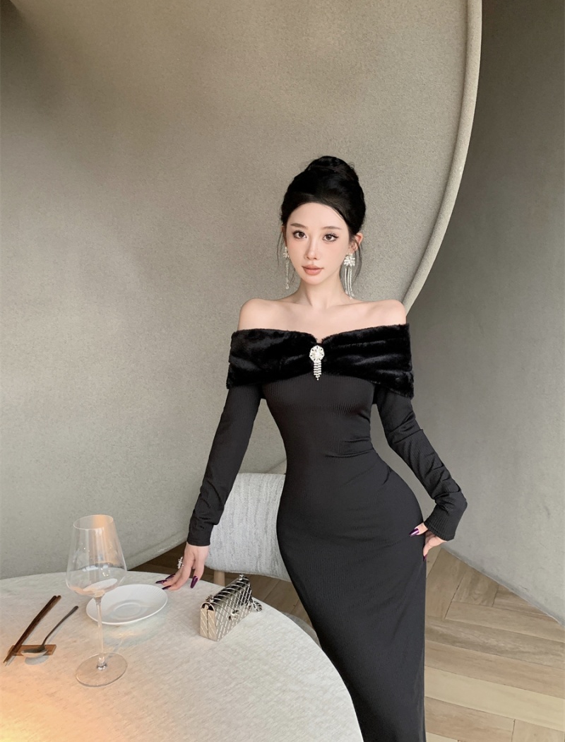 Slim flat shoulder dress hairy pinched waist formal dress