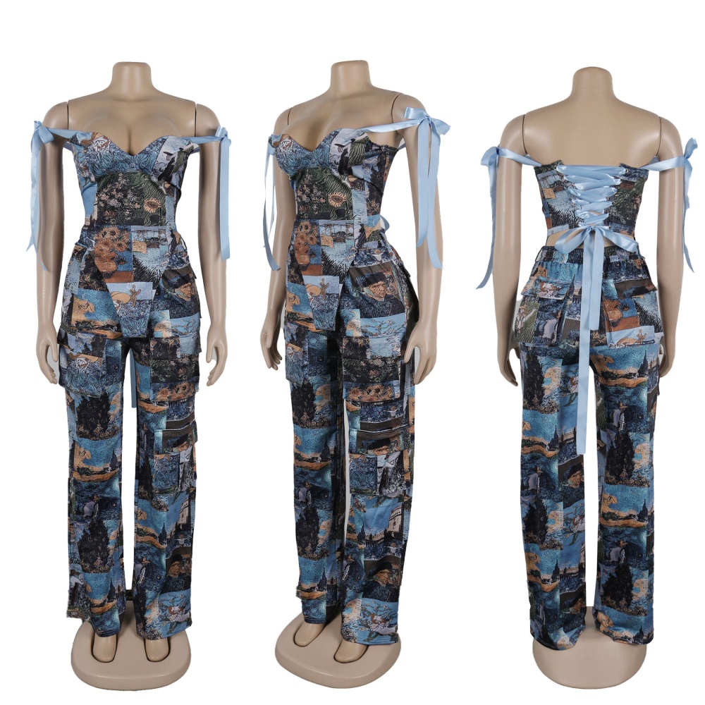 Printing drawstring long pants bandage tops a set