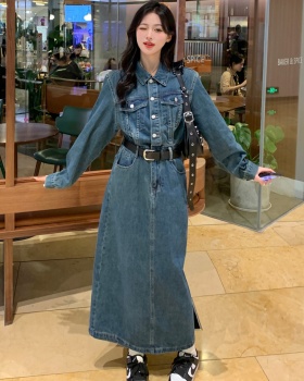 Slim fat pinched waist large yard split denim dress