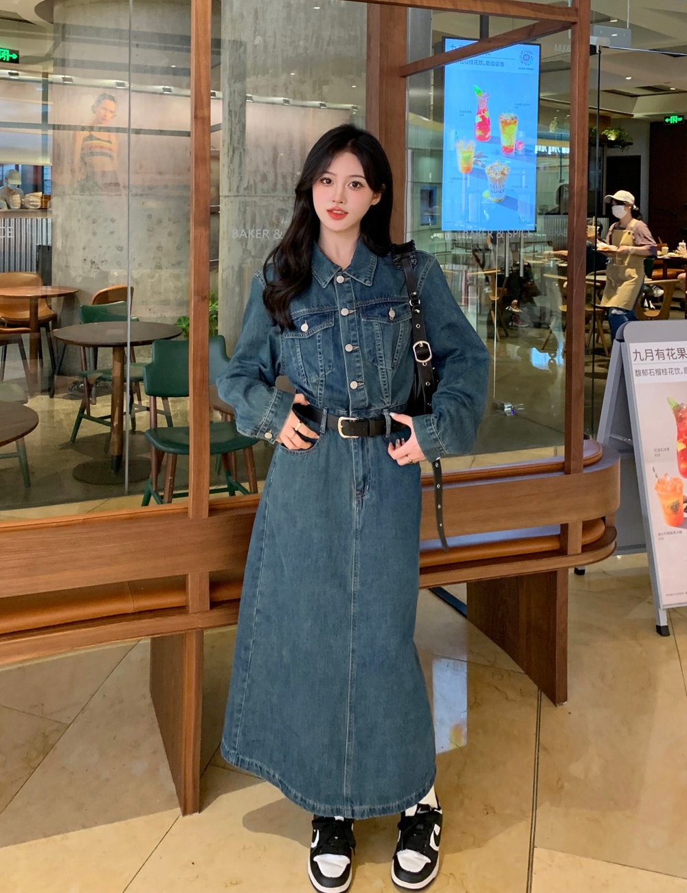 Slim fat pinched waist large yard split denim dress