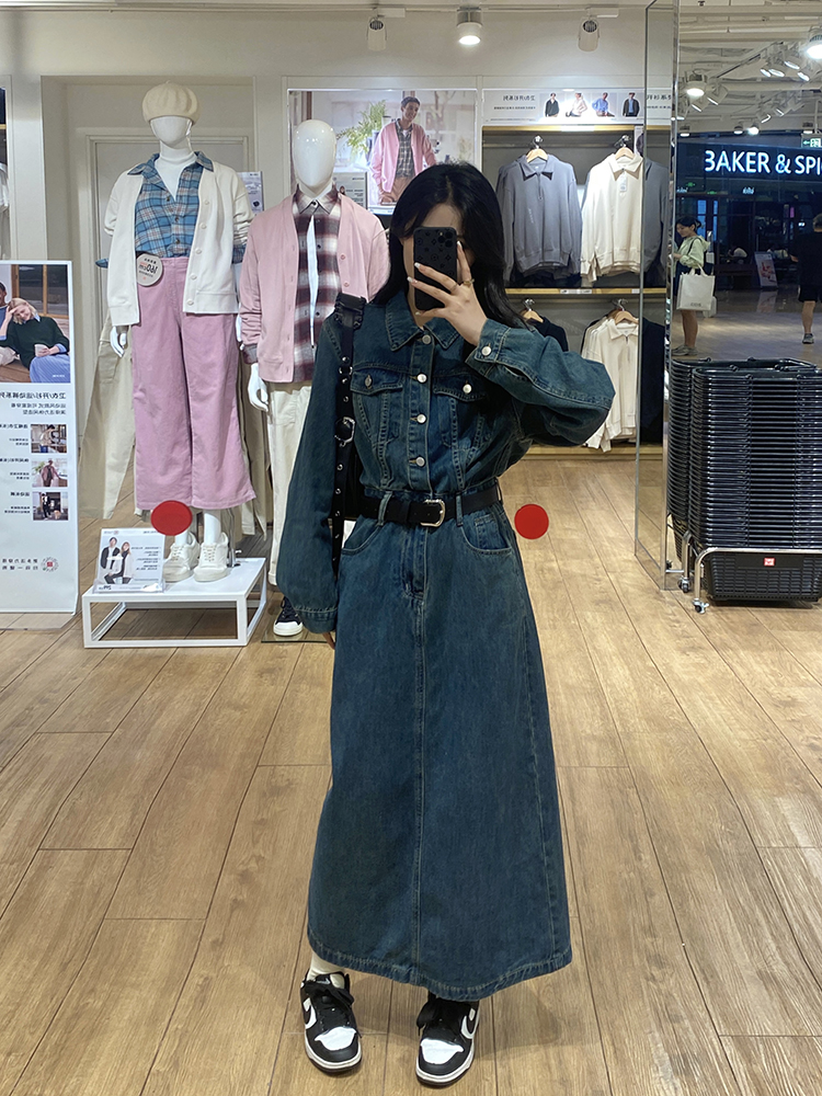 Slim fat pinched waist large yard split denim dress