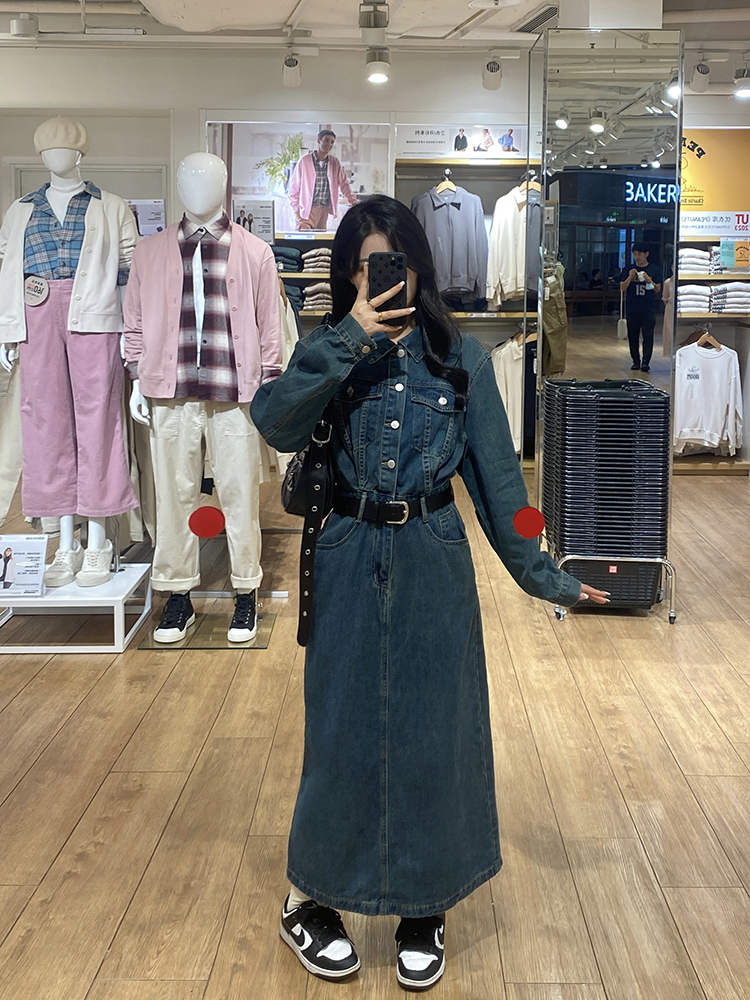 Slim fat pinched waist large yard split denim dress