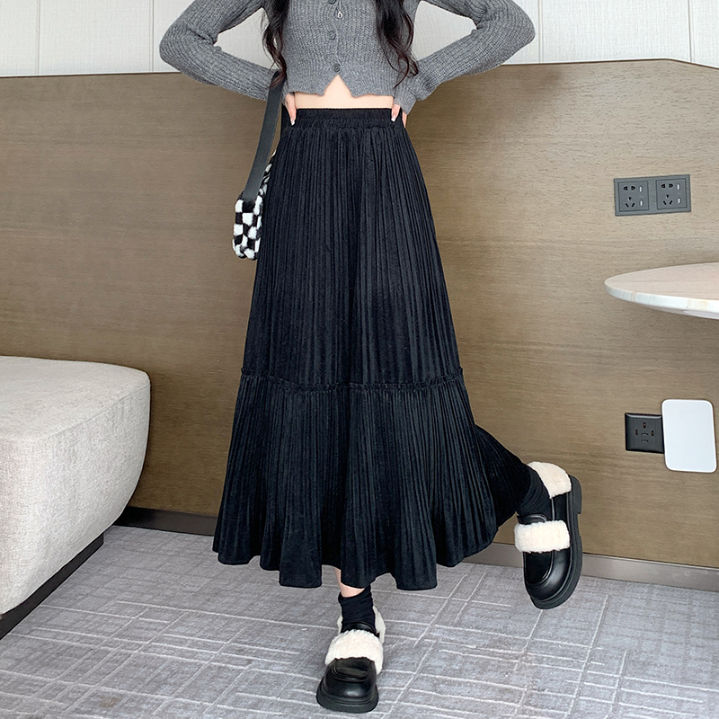 Pleated velvet big skirt elastic waist Korean style skirt