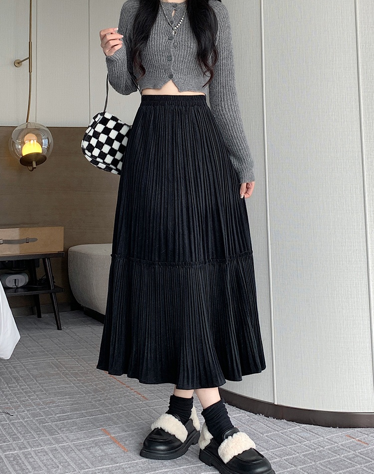 Pleated velvet big skirt elastic waist Korean style skirt