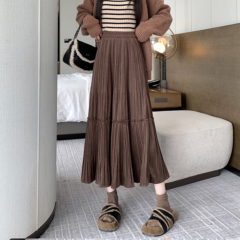 Pleated velvet big skirt elastic waist Korean style skirt