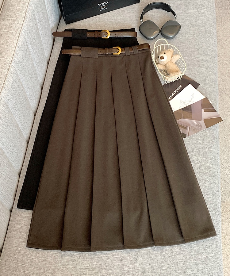 Woolen pleated long slim high waist exceed knee skirt