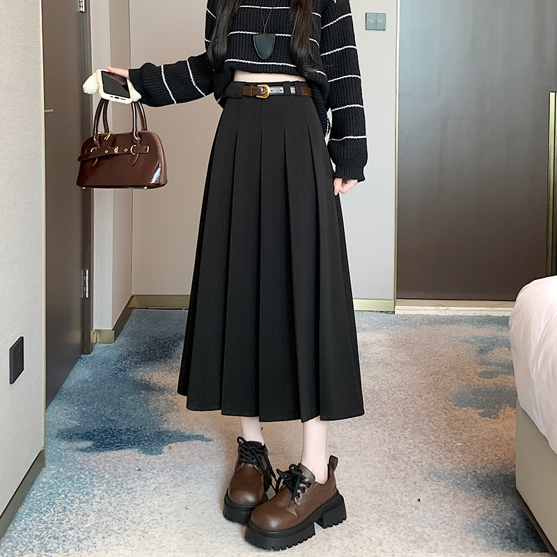 Woolen pleated long slim high waist exceed knee skirt