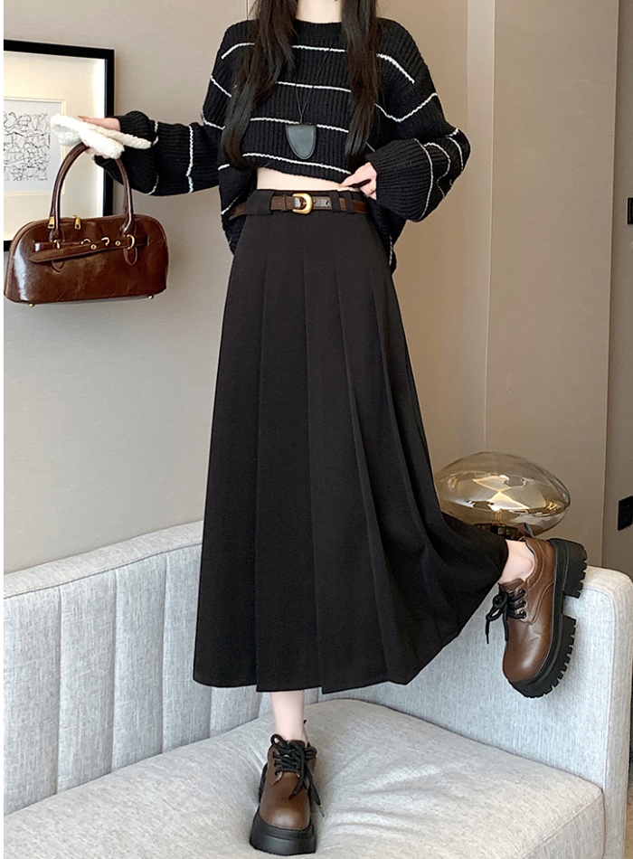 Woolen pleated long slim high waist exceed knee skirt