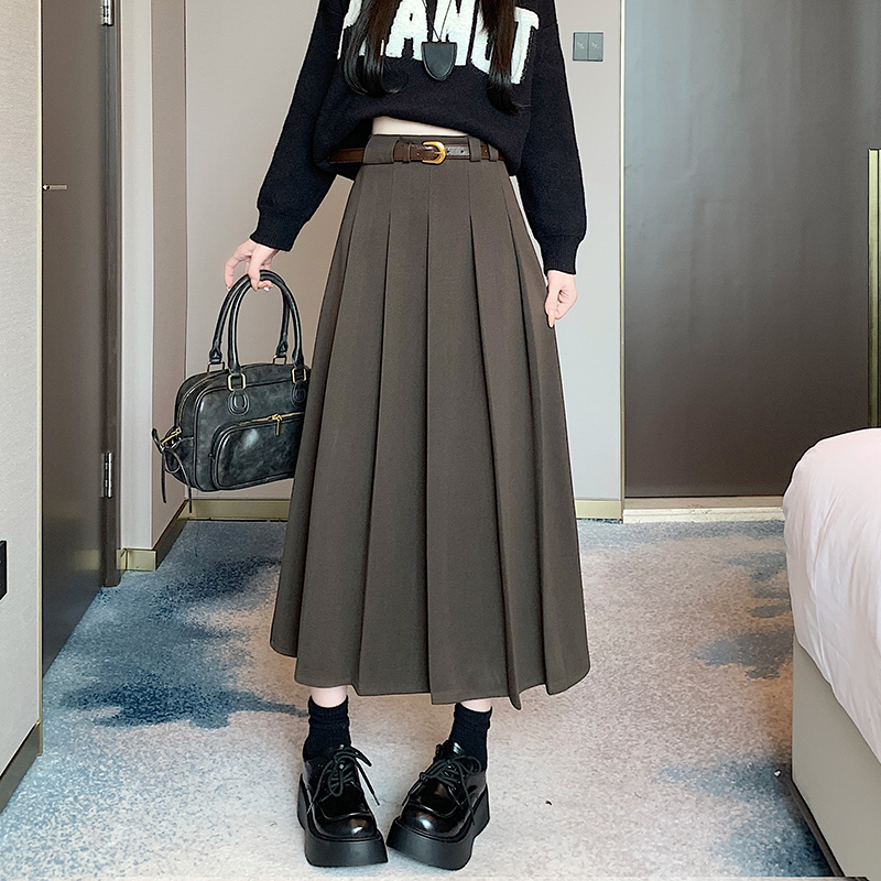 Woolen pleated long slim high waist exceed knee skirt