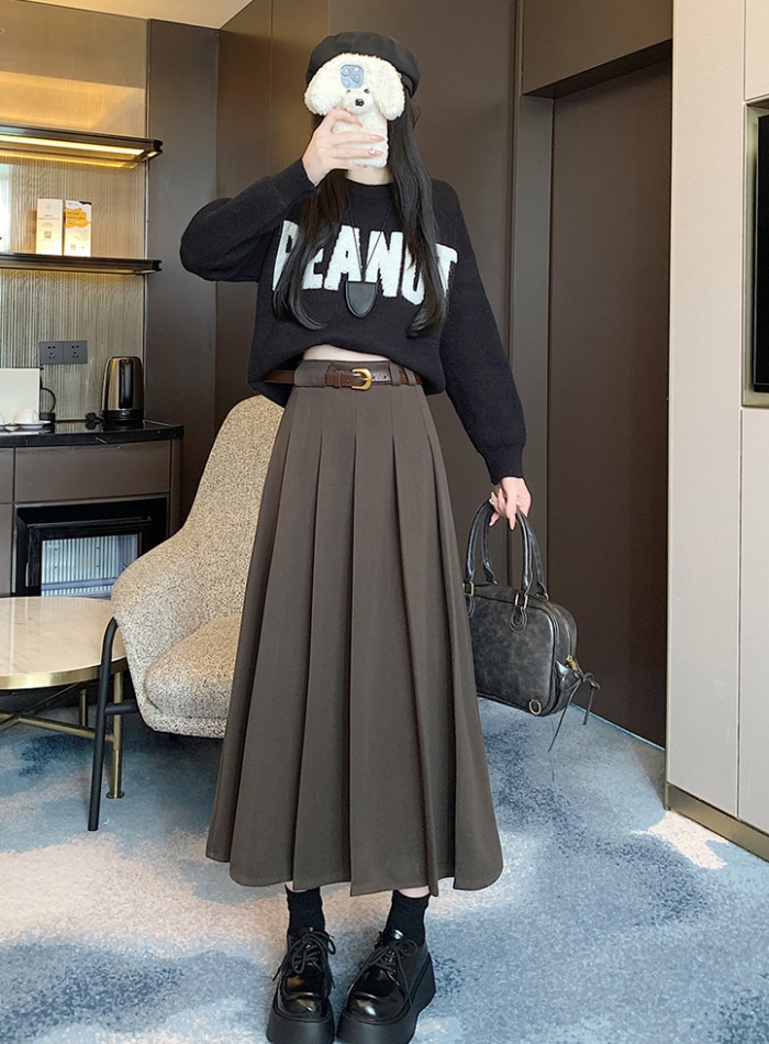 Woolen pleated long slim high waist exceed knee skirt