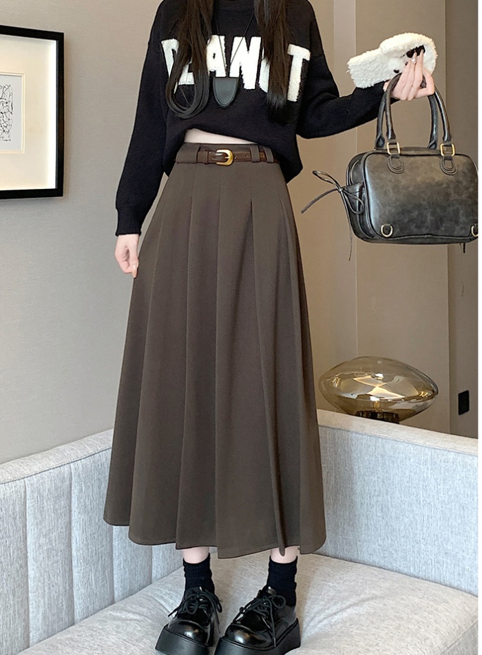 Woolen pleated long slim high waist exceed knee skirt