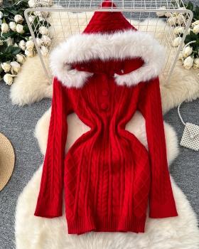 Knitted fur collar dress elasticity T-back for women