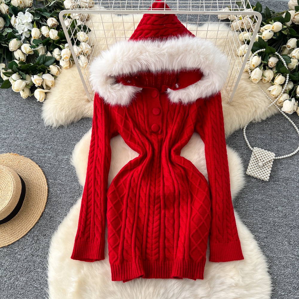 Knitted fur collar dress elasticity T-back for women