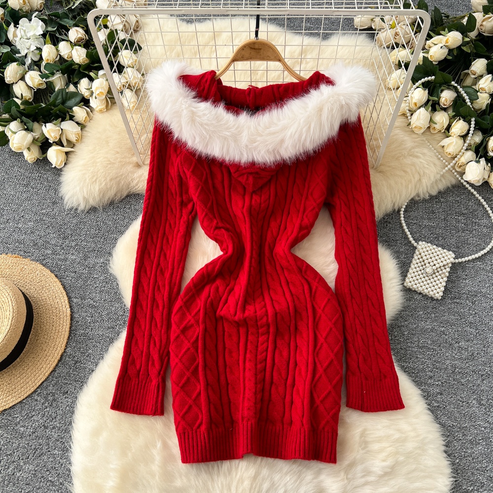 Knitted fur collar dress elasticity T-back for women