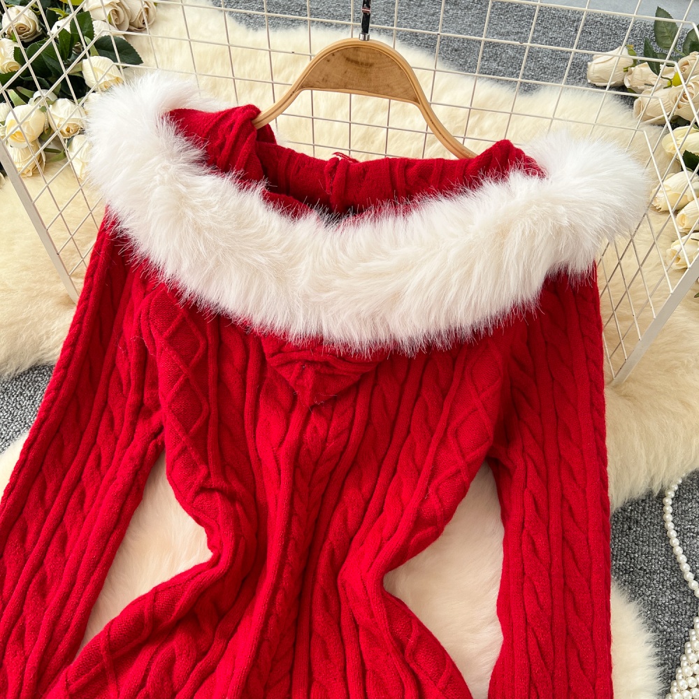 Knitted fur collar dress elasticity T-back for women