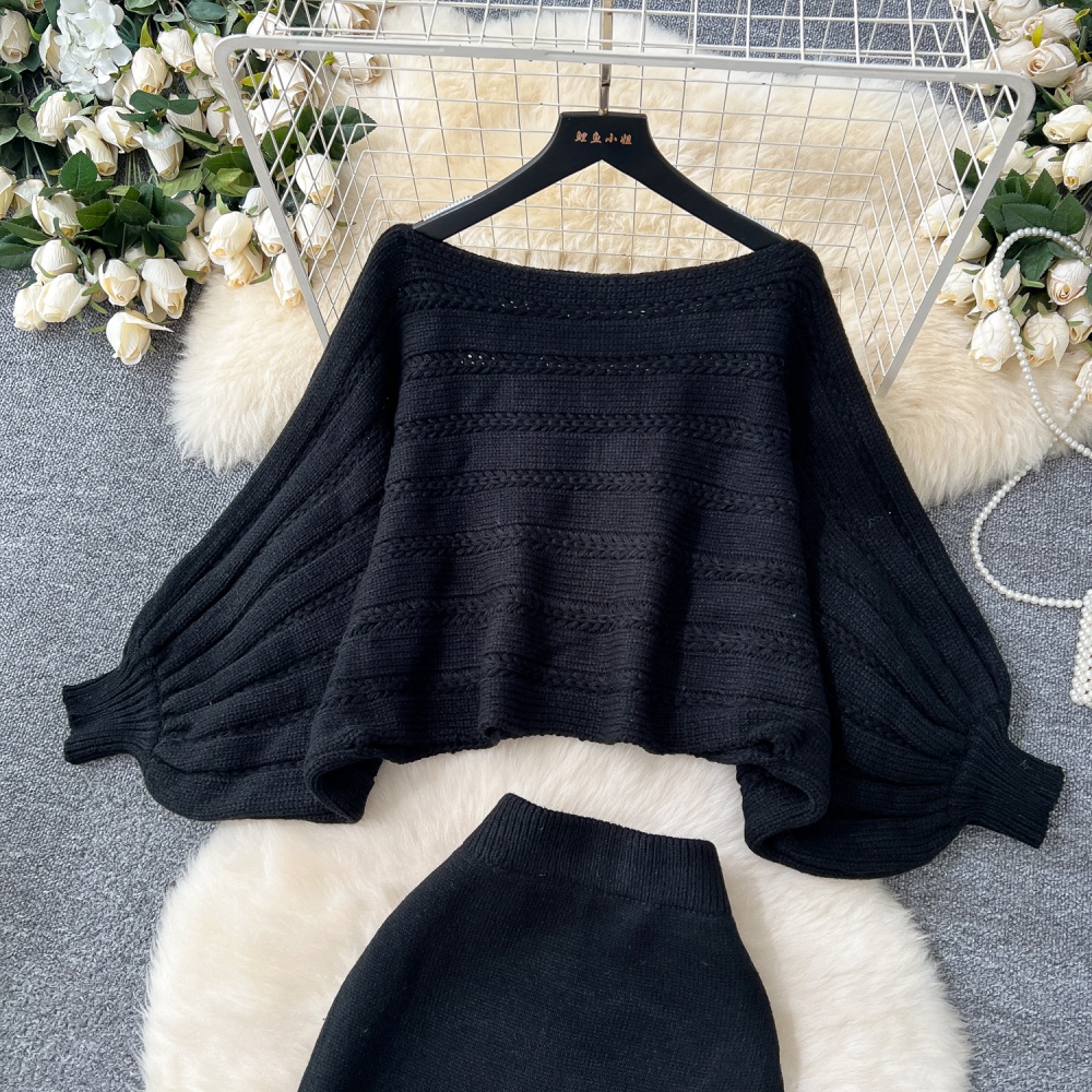 Slim bat sleeve lazy skirt loose high waist sweater a set