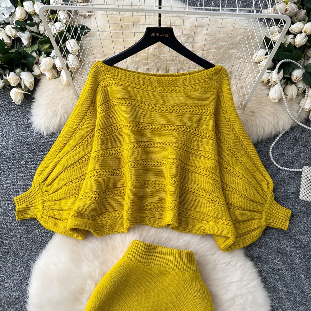 Slim bat sleeve lazy skirt loose high waist sweater a set