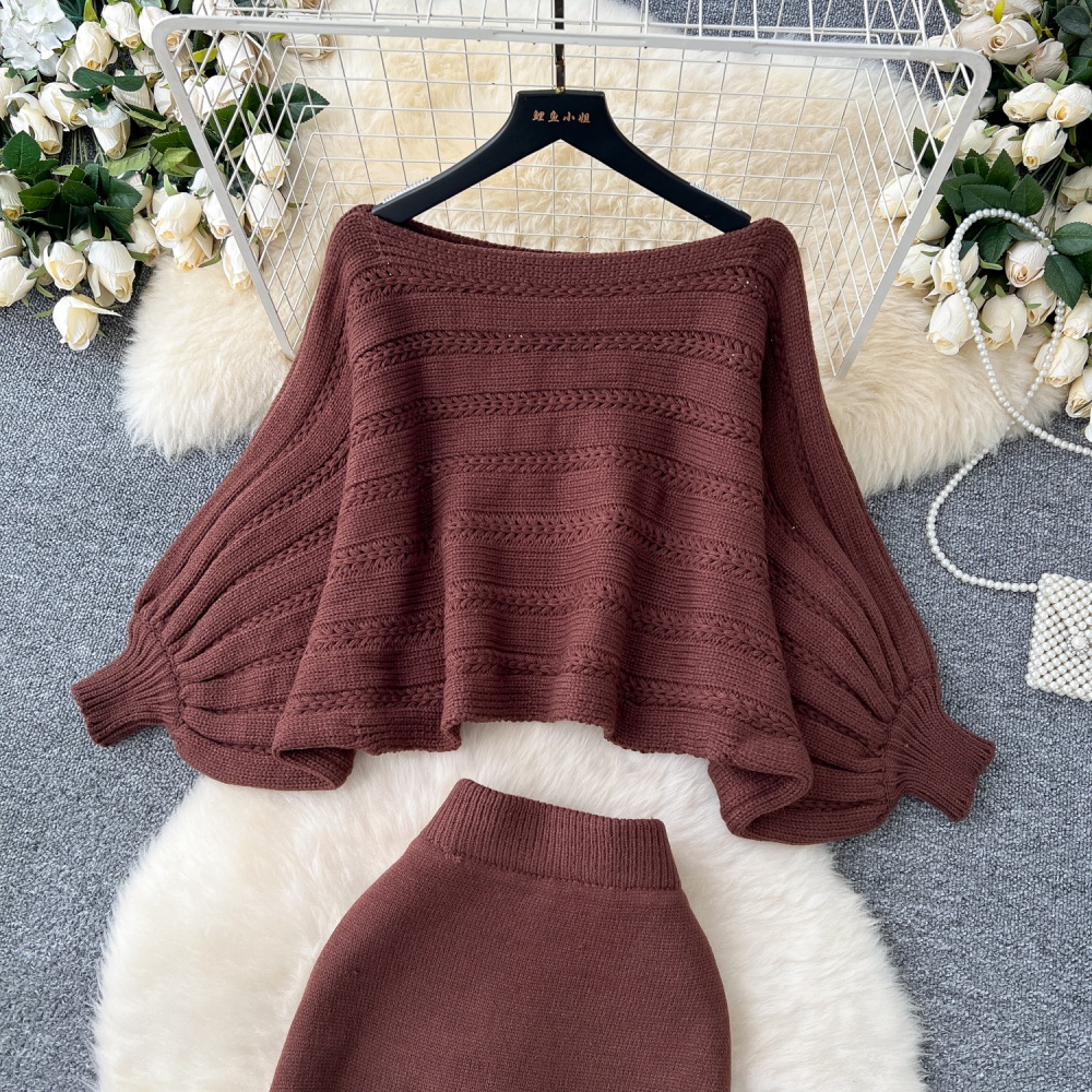 Slim bat sleeve lazy skirt loose high waist sweater a set