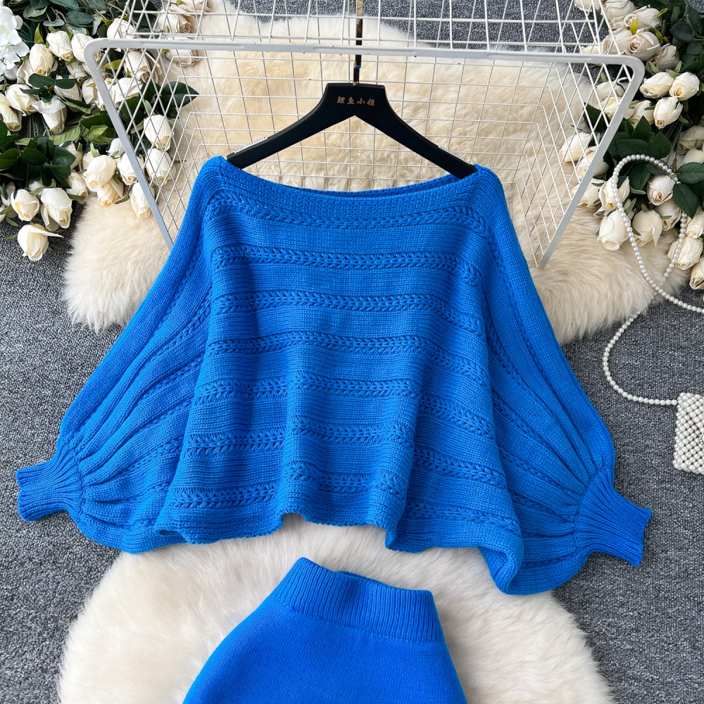 Slim bat sleeve lazy skirt loose high waist sweater a set