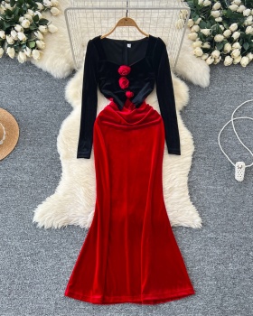 Pinched waist flowers formal dress elegant dress for women