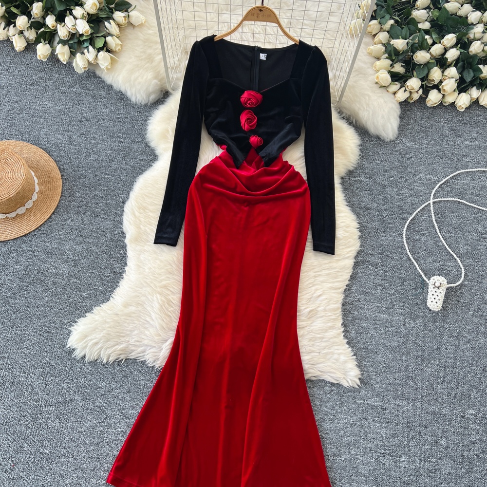 Pinched waist flowers formal dress elegant dress for women