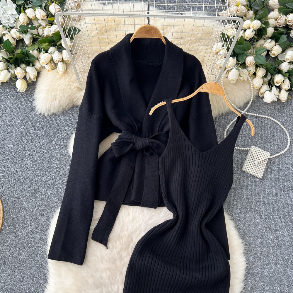 Knitted sling dress inside the ride coat a set for women