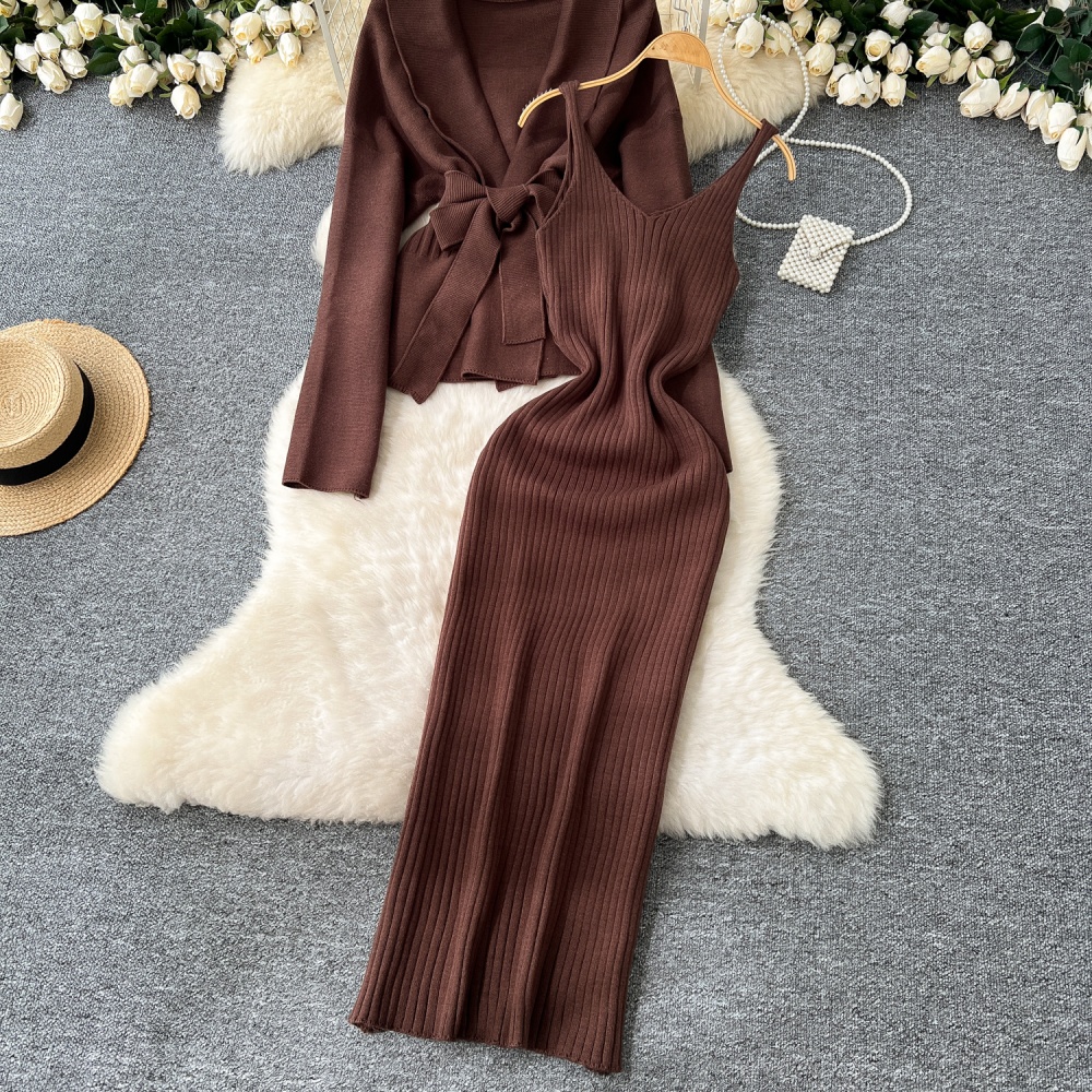 Knitted sling dress inside the ride coat a set for women