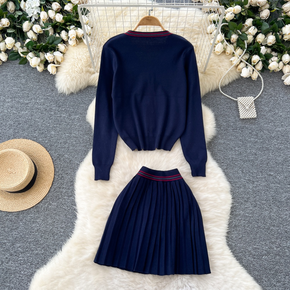 Knitted Casual skirt V-neck Korean style tops a set