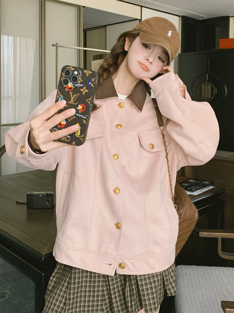 Small fellow short sweet coat pink loose college style jacket