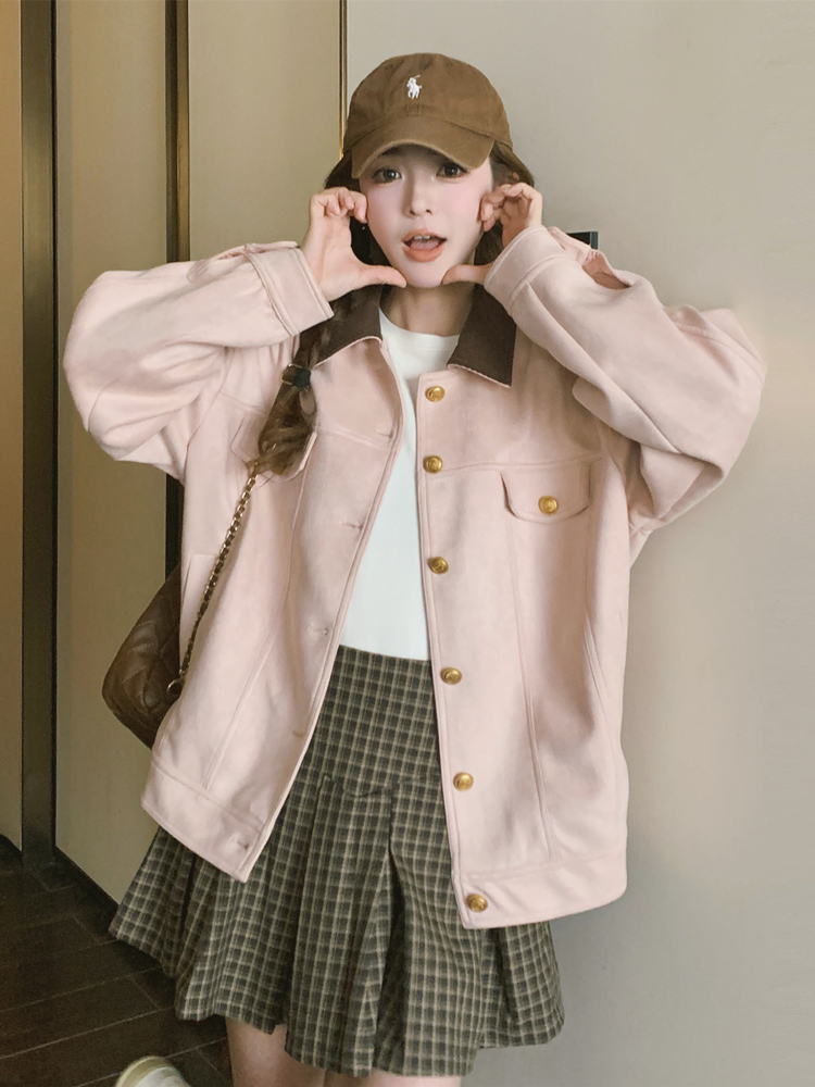 Small fellow short sweet coat pink loose college style jacket