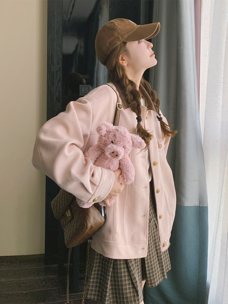 Small fellow short sweet coat pink loose college style jacket