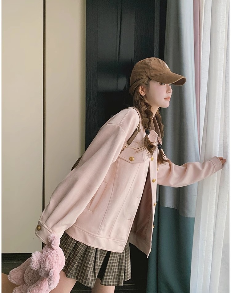 Small fellow short sweet coat pink loose college style jacket