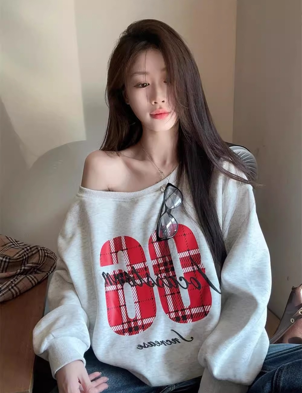 American style retro tops sloping shoulder printing hoodie