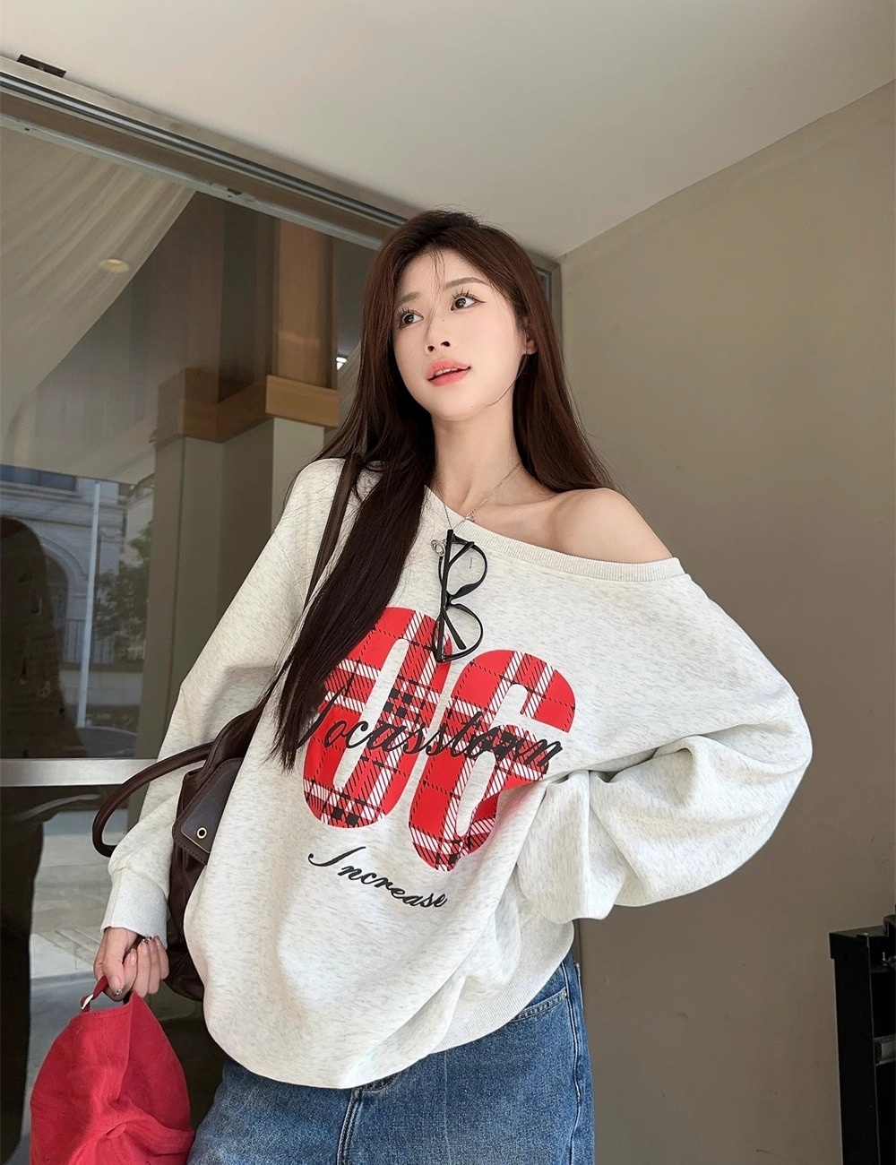 American style retro tops sloping shoulder printing hoodie