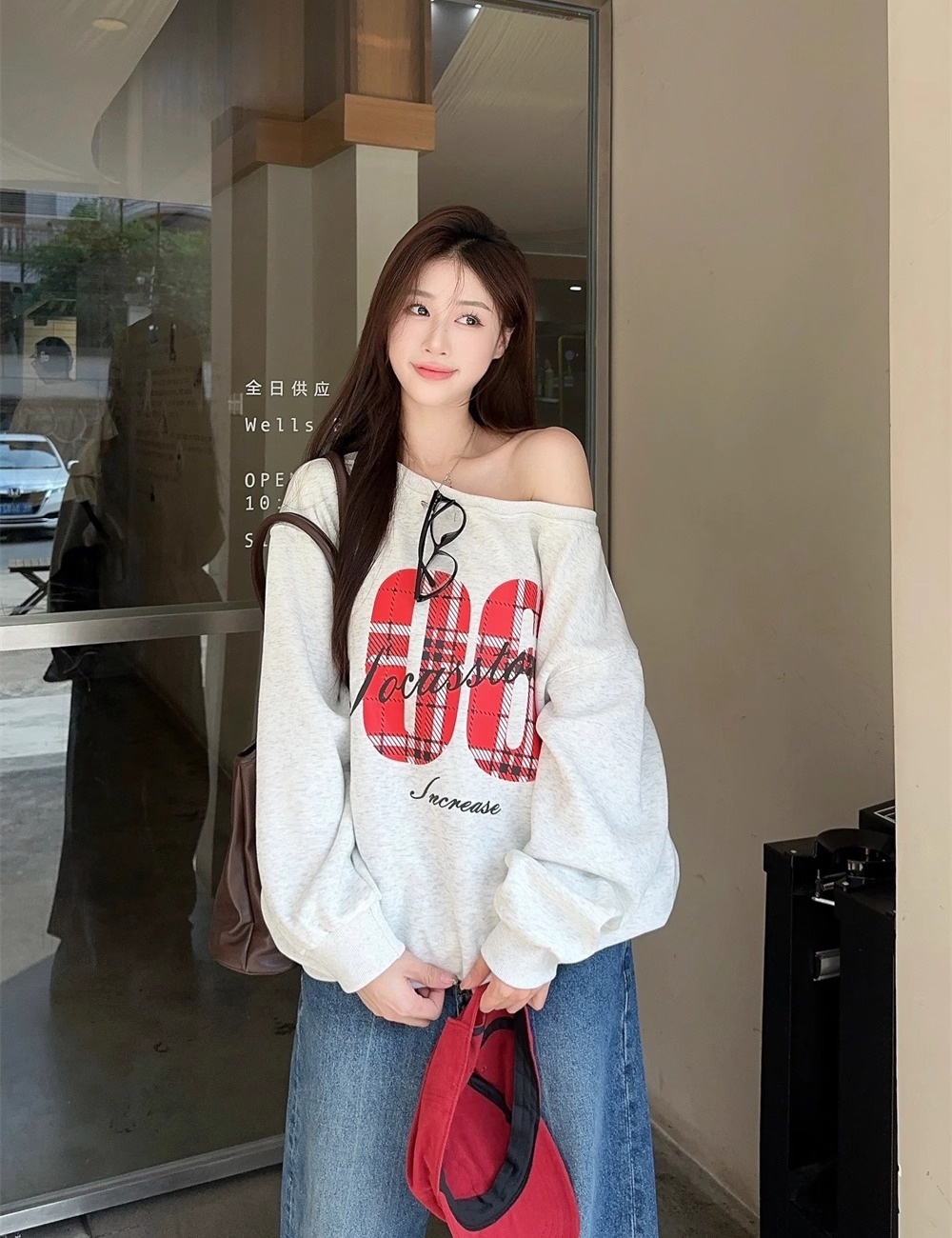 American style retro tops sloping shoulder printing hoodie