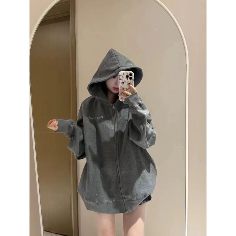 Antique silver plus velvet complex coat hooded shiny hoodie