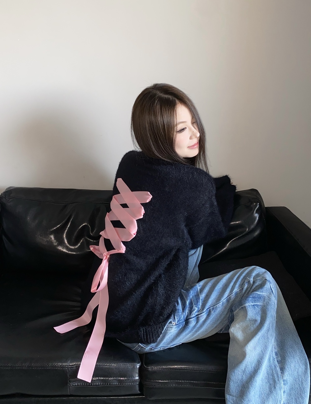 Bow sweet knitted tops autumn round neck scarves